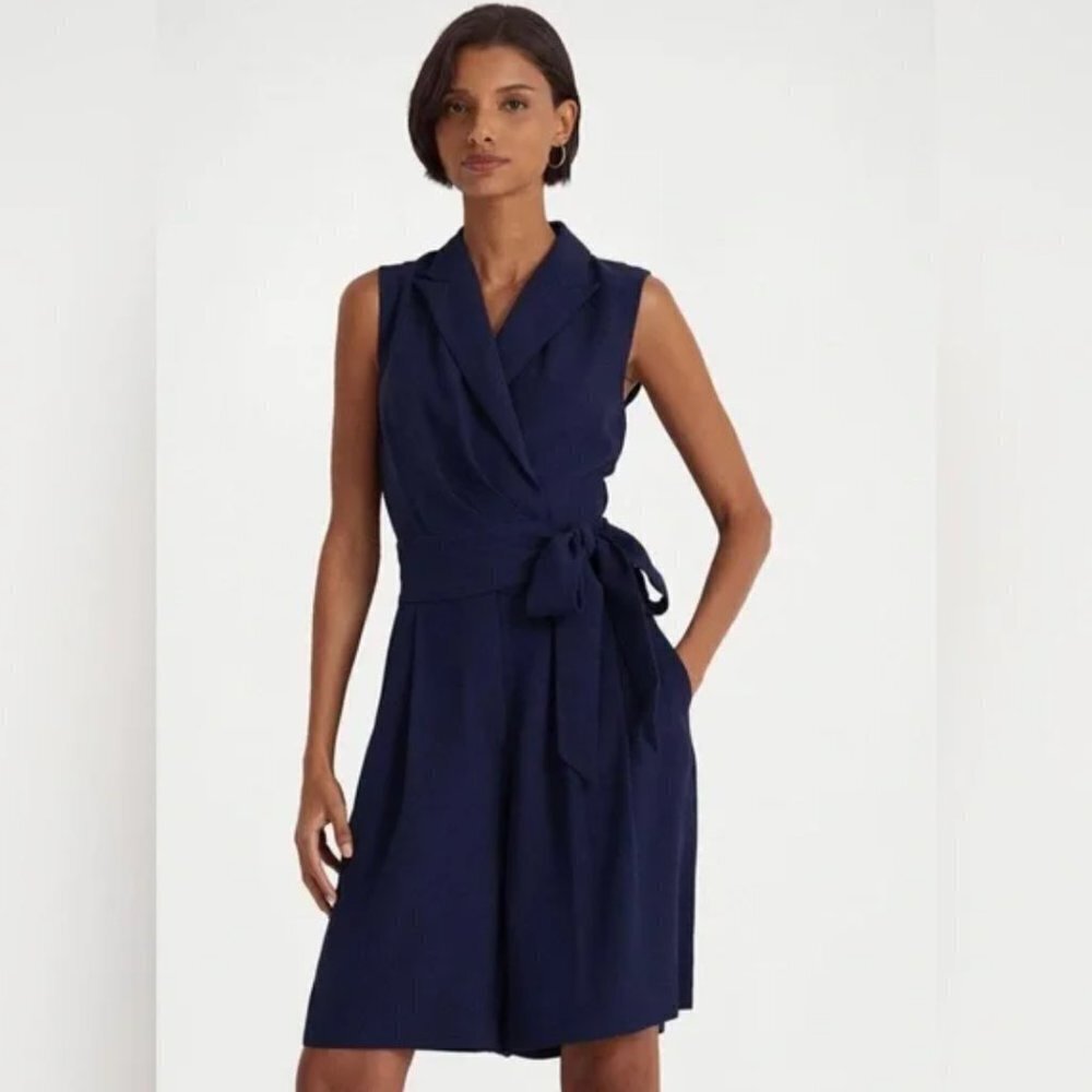 Lauren Ralph Lauren Belted Georgette Sleeveless Romper Refined Navy Size 10 - Picture 2 of 14